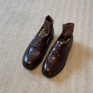 Vintage Slip-on Lazy Shoes Women's Thick Heeled Flat Shoes British-style Leather Shoes Loafers