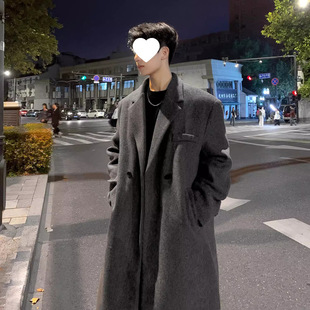 Factory fleece-lined mid-length coat men's black ins knee-length windbreaker trendy woolen cloth Korean autumn