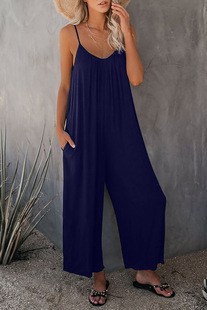 Amazon European and American strap jumpsuit women's 2021 summer new cross-border foreign trade solid color pocket casual jumpsuit