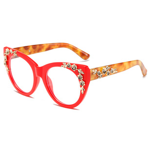 Cross-border floral diamond tortoiseshell frame anti-blue cat's eye glasses European and American trend street photography decorative lady plain plain plain mirror