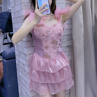 2024 new one-piece Korean style fairy swimsuit female college style sexy push up hot spring vacation Conservative belly-covering swimsuit