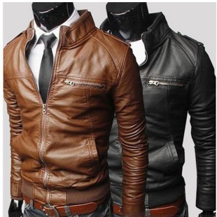 Spring and Autumn Leather Jacket Men's Slim-fit Vertical Collar Business Casual Bike Suit High Quality Leather Jacket Coat PJ07