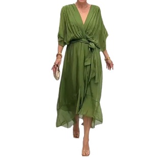 2025 New European and American Women's Cross-border Amazon Solid Color Lace-up Dress Bat Sleeve Irregular dress plus size