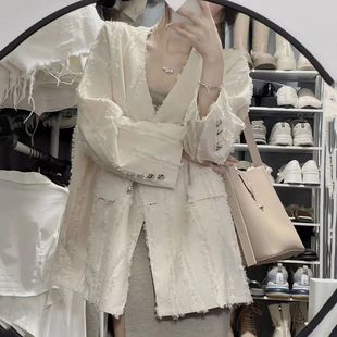 Love buckle feather tassel coat for women 2023 Autumn New elegant design fairy floating suit top