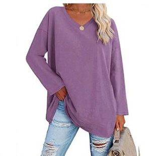 2022 New Amazon wish European and American Popular V Neck Long-sleeved Pure Color T-shirt Cross-border Export Women's Clothing