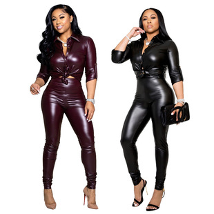 LD81041 autumn and winter New European and American women's leather explosion cardigan sports suit