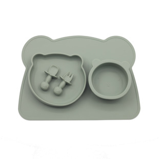 ins Hot Sale Food Grade Silicone Bear Placemat Baby Dinner Plate Bowl Silicone Placemat Small Spoon Fork Five-piece Set