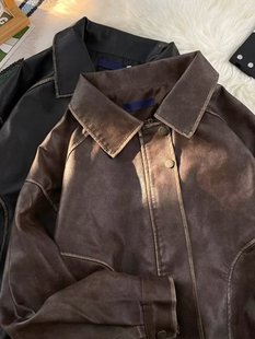 American Style Retro Antique Leather Jacket Men's Street Ruffian Handsome High-end Biker Suit Maillard Brown Leather Jacket