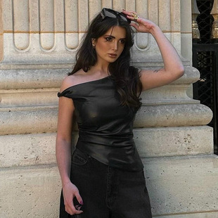 Cross-border Amazon European and American Style 2024 New Women's Leather Slant Shoulder Personality Fashion Irregular Top for Women