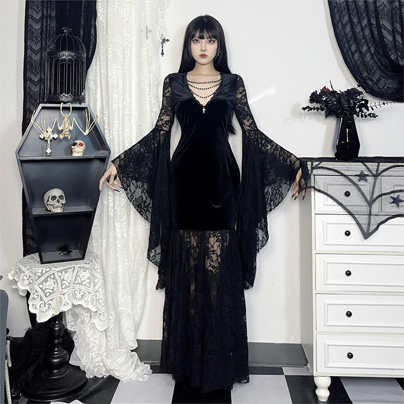 Xy24358 Halloween Autumn New Style Dark Style Batwing Sleeve Lace Patchwork Velvet Dress for Women