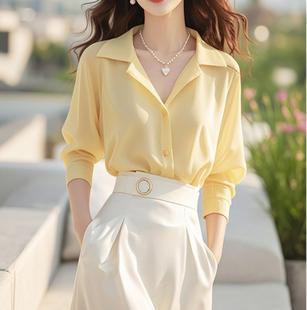 French Polo Collar Long Sleeve Shirt Women's Design Sense Niche Spring and Autumn Unique Chic Super Good-looking Yellow Beautiful Top