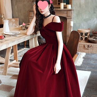 wine red Toasting Dress 2024 New Summer Bridal Temperament Sling Velvet Engagement dress Women's Wedding Dress