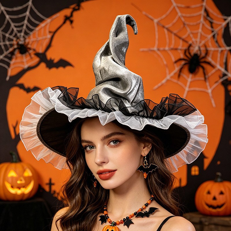 New Halloween Rose Lace-Trimmed Witch Hat, Vintage Style Twist Hat, Spider Web Witch Hat