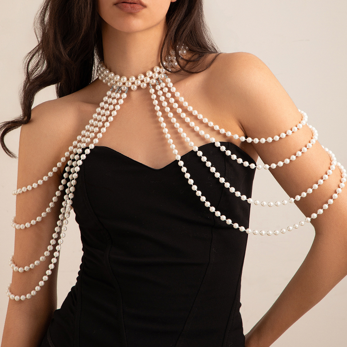European and American cross-border jewelry fashion temperament multi-layer imitation pearl tassel shoulder chain dress matching clothing body chain chest chain