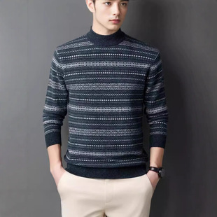 2024 Winter Thick Middle-aged Men's Cashmere Sweater Pullover Round Neck Fashion Jacquard Sweater Warm Wool Sweater for Men