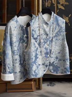 New Chinese style Z beautiful artistic conception_Jingmei Blues blue and white porcelain gold thread jacquard Jade buckle two-way vest waistcoat_coat-