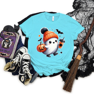 Fashion Woman T-shirts Funny Halloween Pumpkin Ghost Short S