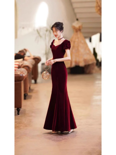 Mermaid Burgundy Toast Dress Evening Dress Female Bride Slim Fit 2025 New Banquet Light Luxury Long Velvet