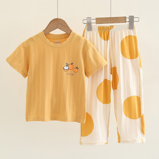 Children's Thin Short-Sleeved Pants Suit Lycra Ice-Feel Boys' Pajamas Girls' Middle and Large Kidsren's Home Clothes Family Wear