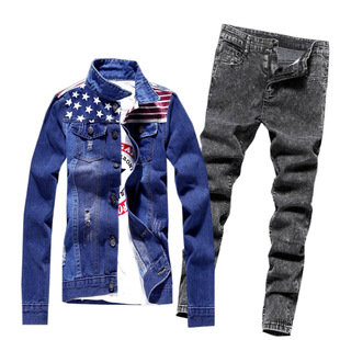 Spring and Autumn Men's Denim Jacket with Long Pants One-suit Men's Korean Style Slim-fit Denim Jacket Handsome Jacket Pei Xian