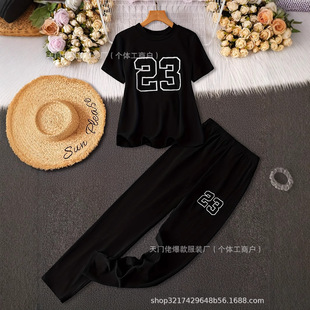 European and American 2025 New Loose Lazy Ladies Fashion Casual Explosions Digital Printing Short Sleeve Pants suit