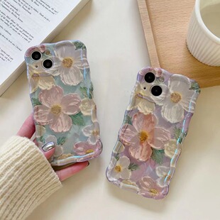 Маленький свежий цветок с рисунком маслом для iPhone14, синий свет 12Promax, чехол для мобильного телефона Apple 13, поворотный край 11, женский