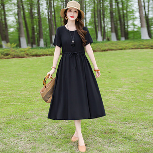 Mom's Summer Dress Covers the Belly, Large Hem Skirt, Middle-Aged and Elderly Cotton Silk Dress, Large Size Pure Color Short-Sleeved Knee-Length Waist Long Skirt