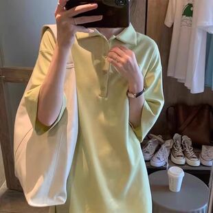 Cotton Shoulder Collar Yellow Green Mid-length Polo Shirt Loose Solid Color All-match Lapel Short-sleeved T-shirt Women's dress