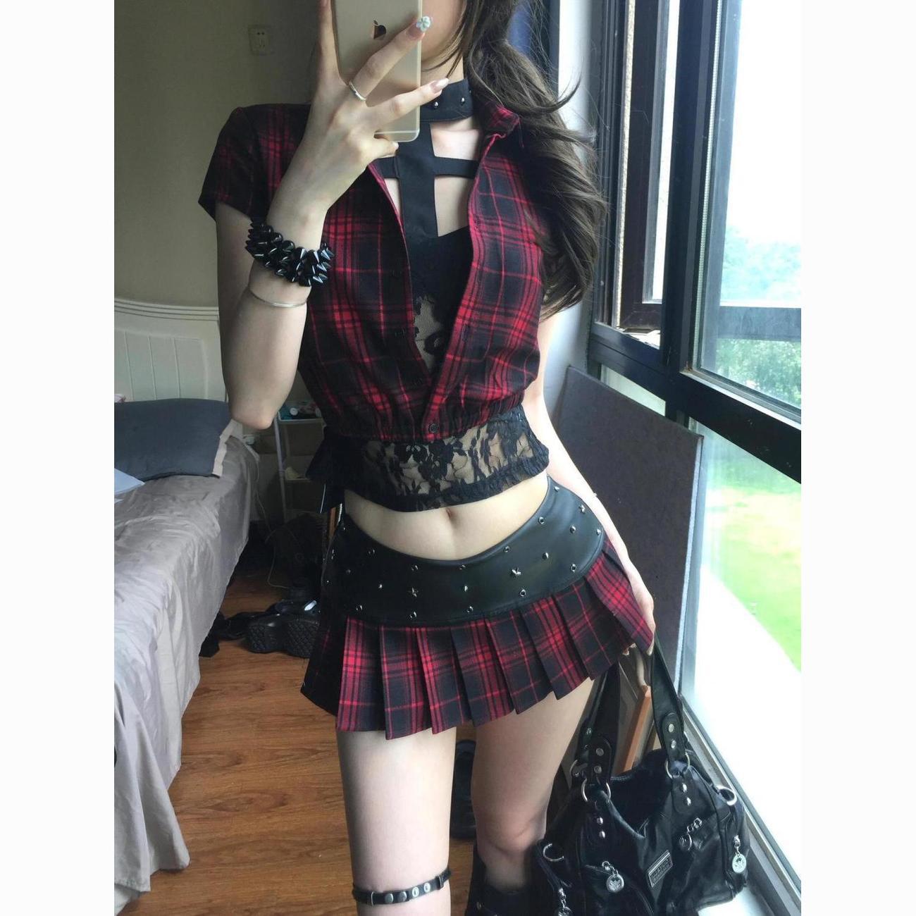 Summer New Style Sweet and Cool Hot Girl Subculture Lace Hollow Cross Top Plaid Jacket Pleated Skirt Three-Piece Set