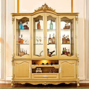 European-style solid wood wine cabinet living room home lobby vintage champagne gold luxury four-door glass decorative cabinet French Cabinet