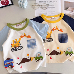 Japanese-Style Children's Clothing! Spring New Boys' Excavator Cute Baby Top Thin Half-Sleeve T-Shirt Children's Short Sleeve