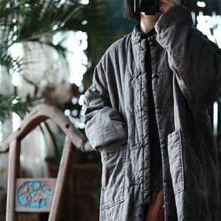 Luoguni Men and Women Same Style Retro Washed Cotton and Linen Stand Collar Chinoiserie Plate Button Cotton Outwear Jacket Cotton Robe 2005 Gray