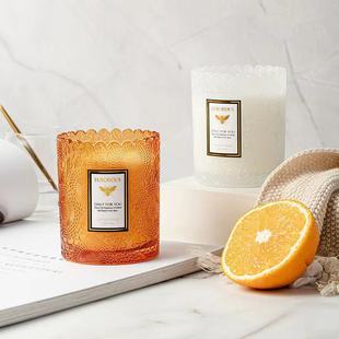 Boutique lace cup aromatherapy glass jar embossed lace candle Cup high-end thick bottom pattern bottle color aromatherapy bottle
