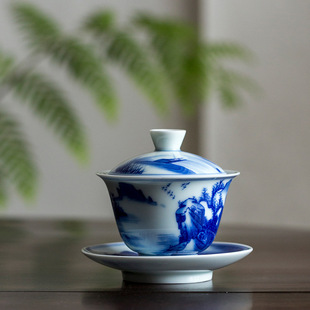 Kangxi Landscape Jingdezhen Blue and White Sancai Bowl Household Kung Fu Tea Set Large Ceramic Eight Treasure Tea Bowl Gift