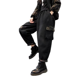Autumn and Winter new cotton pants women's denim fleece-lined thick warm cotton pants color matching design loose casual pants fashion