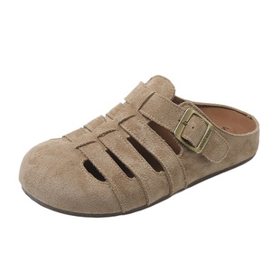 2025 New Genuine Leather Toe-Cap Half Slippers for Women, Height-Increasing Woven Flat Sandals, Lazy Slippers for Outer Wear, High-End
