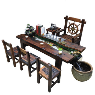 Old boat wood tea table and chair combination solid wood new Chinese style tea making table living room Zen flowing water fish culture tea table fish tank tea table