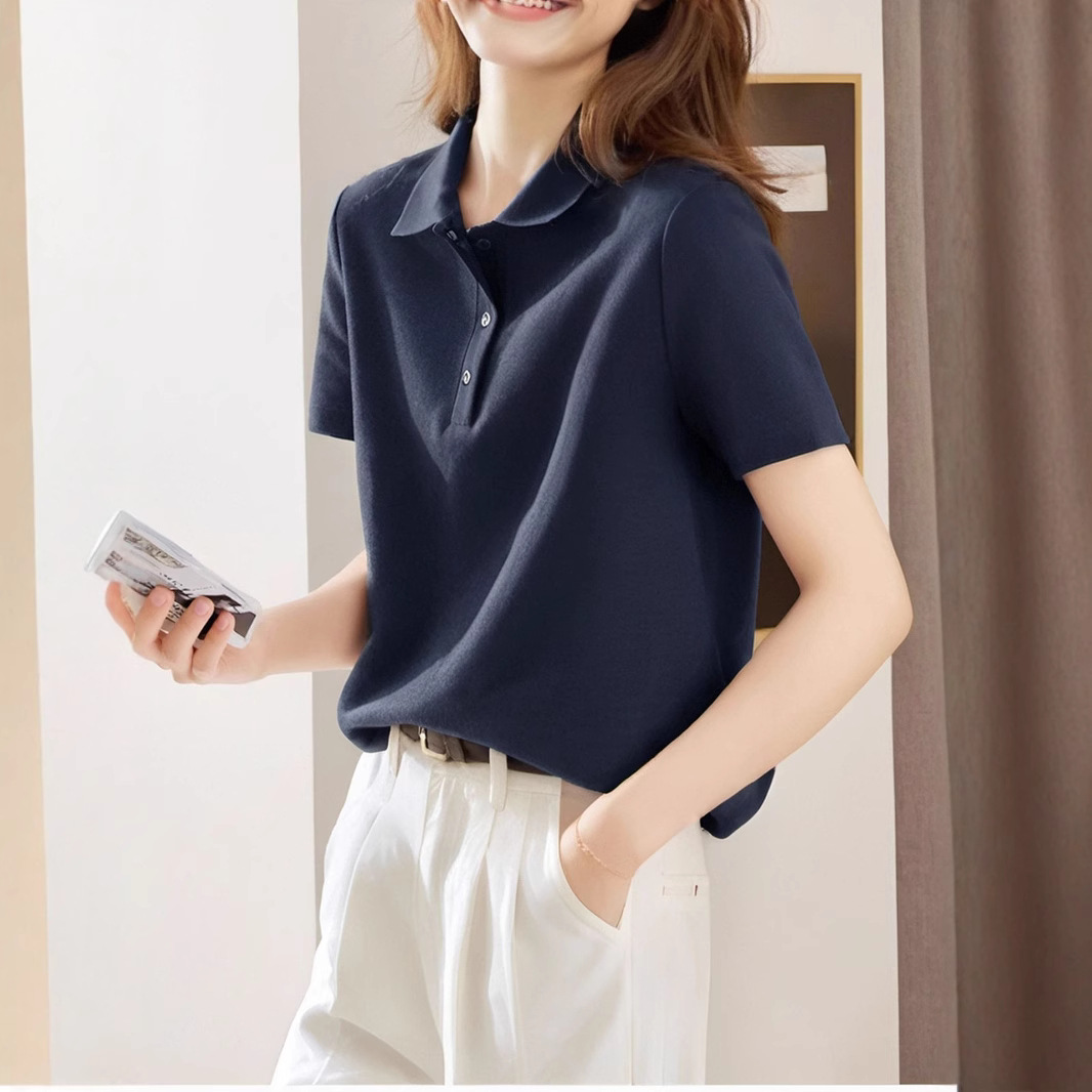 Women's short-sleeved polo collar shirt, 2025 new Korean style, loose fit, versatile top, casual and youthful, niche style.