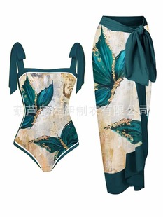 2023 Amazon printed one-piece swimsuit two-piece European and American conservative beach skirt shawl blouse bikini swimsuit