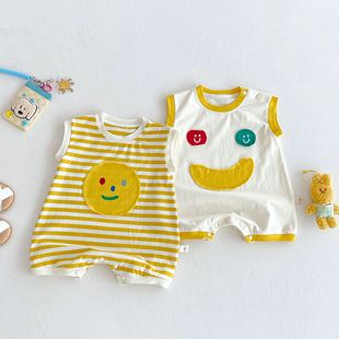 Baby смайлик задница 2025 новый летний ребенок корейская полосатая одежда иностранная одежда без рукавов