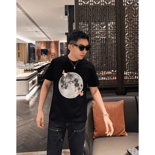 2025 Summer Niche Design Sense Moon Half-sleeved Printed Short-sleeved T-shirt Men's Loose Light Luxury Trendy Rabbit T-shirt