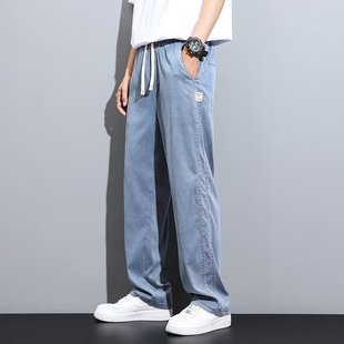 Мужские джинсы Tencel, летние новые модные прямые свободные мужские шелковые тонкие широкие повседневные длинные брюки из ледяного шелка