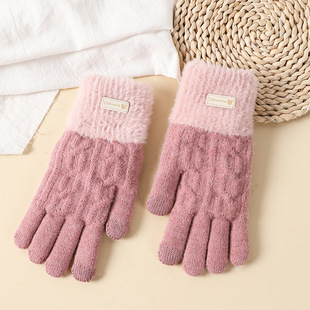 Women's Double-Layer fleece-lined Thickened Gloves Cute Korean-Style Wool Five-Finger Touch Screen Winter Knitted Riding Gloves for Couple