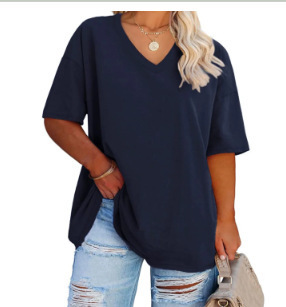 Cross-border European and American Women's 2024 Amazon Foreign Trade Printed Short-sleeved Side Pleated V-neck Short-sleeved Women's T-shirt