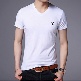 New Short-sleeved T-shirt Men's V-neck Summer Peach Heart Collar Flower Dude Half-sleeved Solid Color Korean-style Trendy Slim-fit Chicken Heart Collar T-shirt