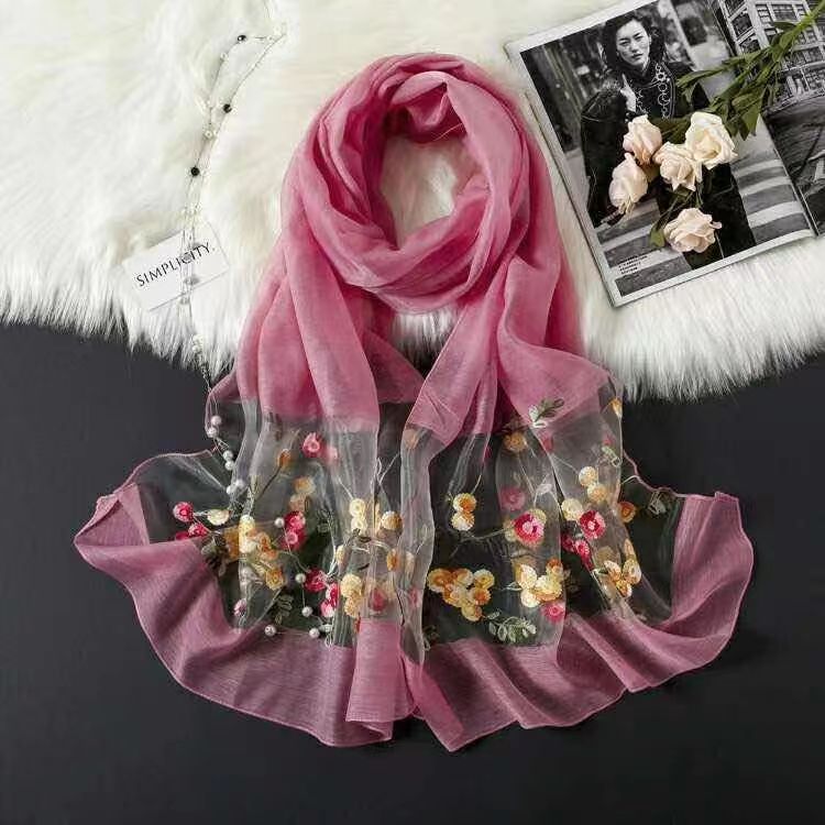 New Elegant All-match Embroidered Silk Scarf Women's Thin Embroidered Organza Gauze Elegant Dual-purpose Shawl