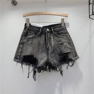 Ripped Denim Shorts Women's 2023 New Summer High Waist Slimming Heavy Industry Color Hot Drilling Hot Girl Wide Leg Pants