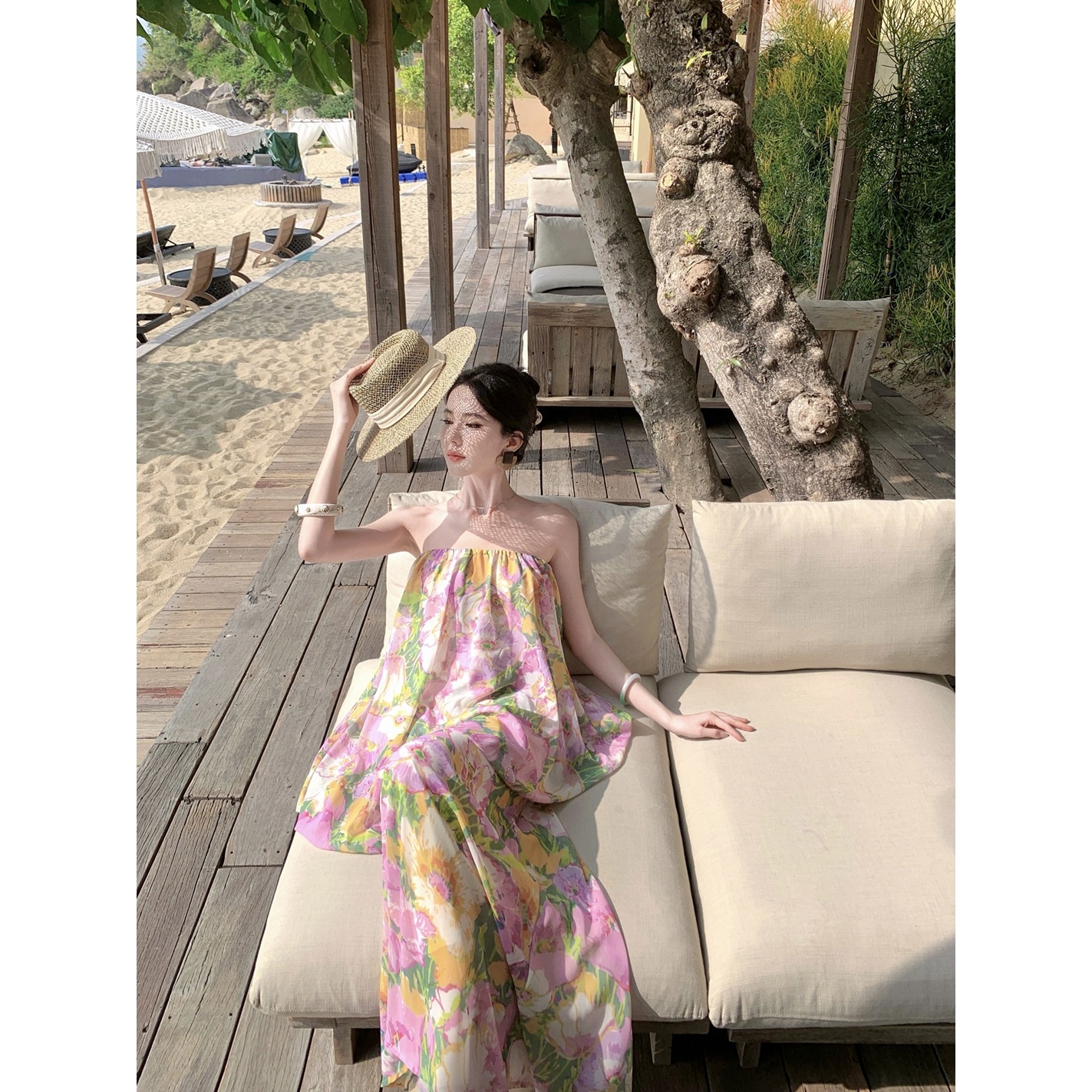 French-Style Floral Print Off-The-Shoulder Dress for Vacation, Beach, and Photoshoots, Vintage Faux Two-Piece Strapless Long Dress