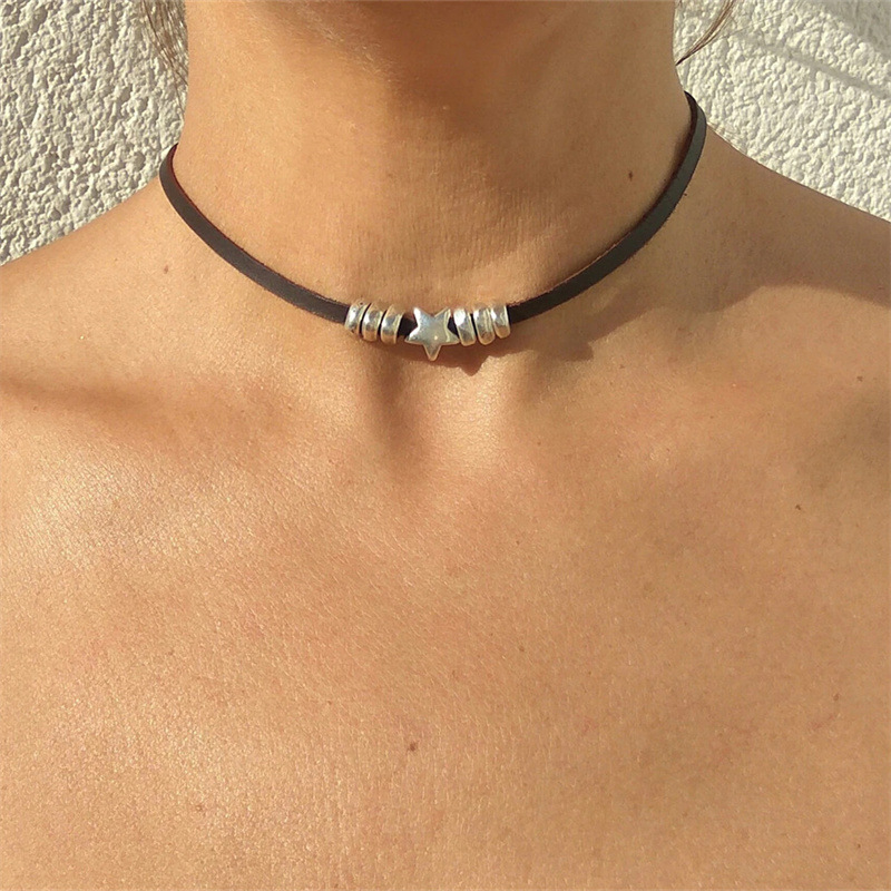 Bohemian Star Clavicle Chain European and American silver Alloy Beaded Leather Cord Collar Minimalist Beach Necklace