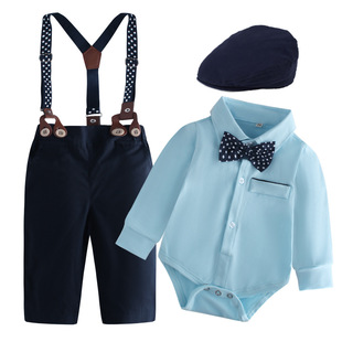 Cross-border European and American Spring and Autumn new dress children's long-sleeved bag fart romper gentleman-year-old children's clothing performance suspender pants suit